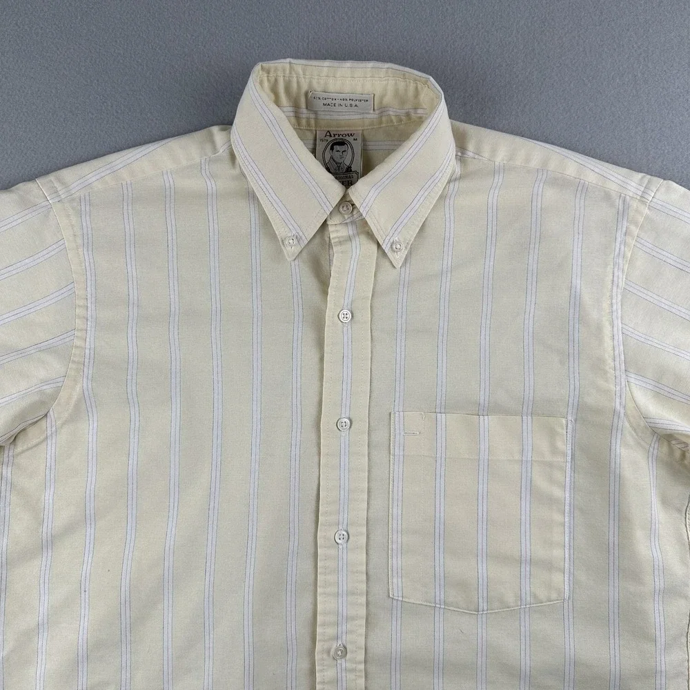Vintage 70s Arrow Dover Yellow Striped Cotton Blend Shirt Mens 15‎ 1/2 Made USA